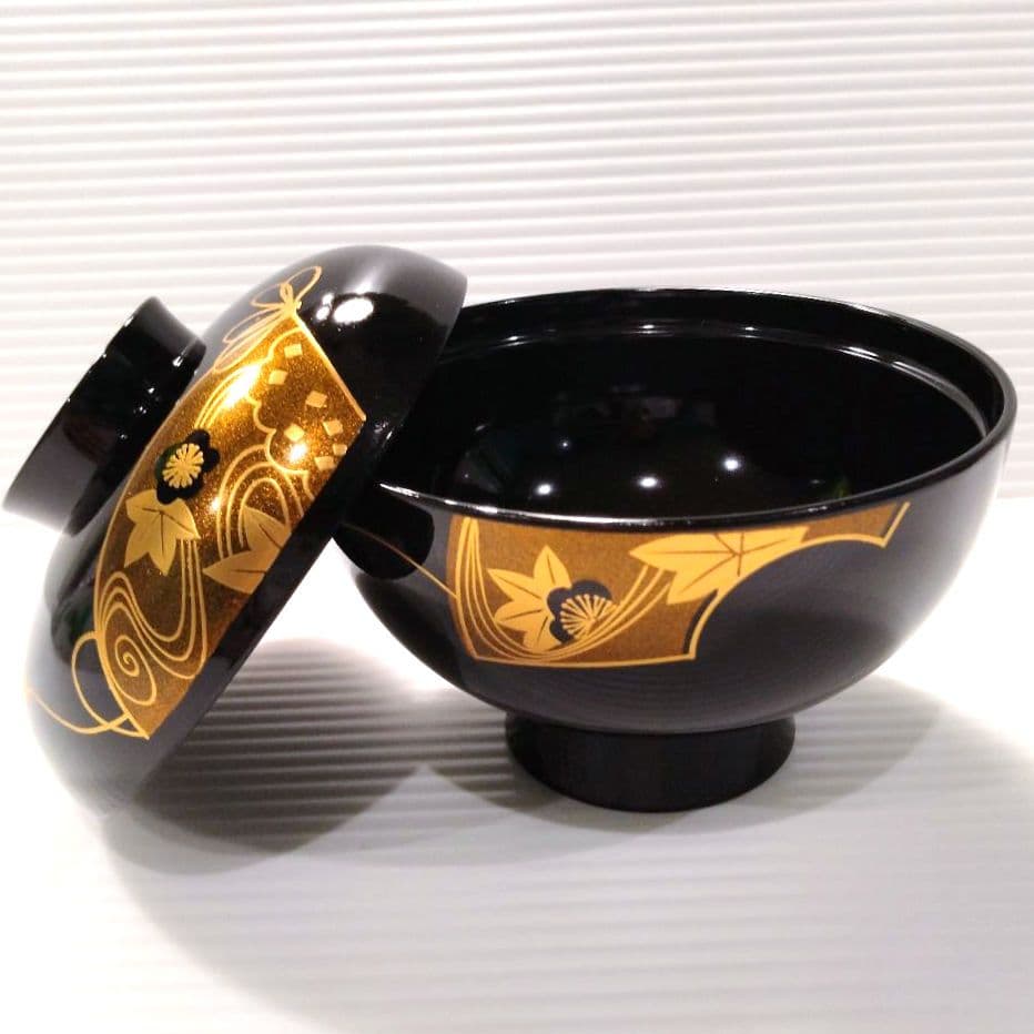 会津塗 漆器 漆 黒塗 扇 蒔絵 吸物椀 汁椀 蓋付き 和食器 黒金 5客揃