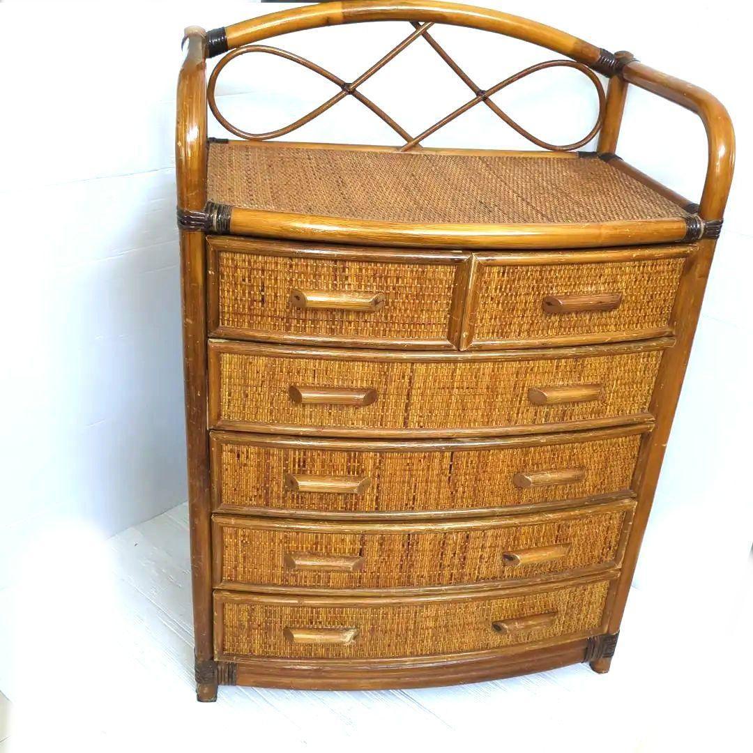 古家具◾️ナチュラル天然素材 5杯 籐ラタンチェスト/ 整理棚
