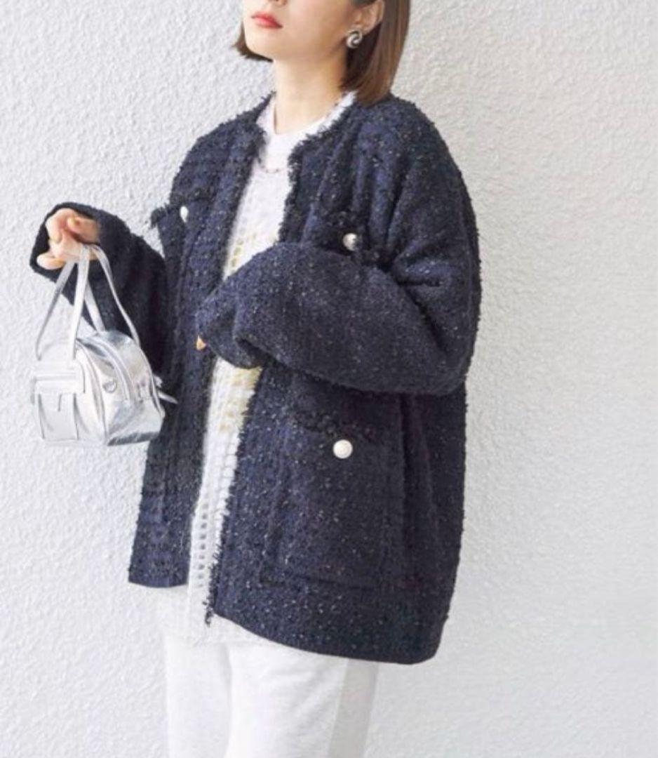 SHIPS〈手洗い可能〉ニット ツイード クルーネック カーディガン　ネイビー