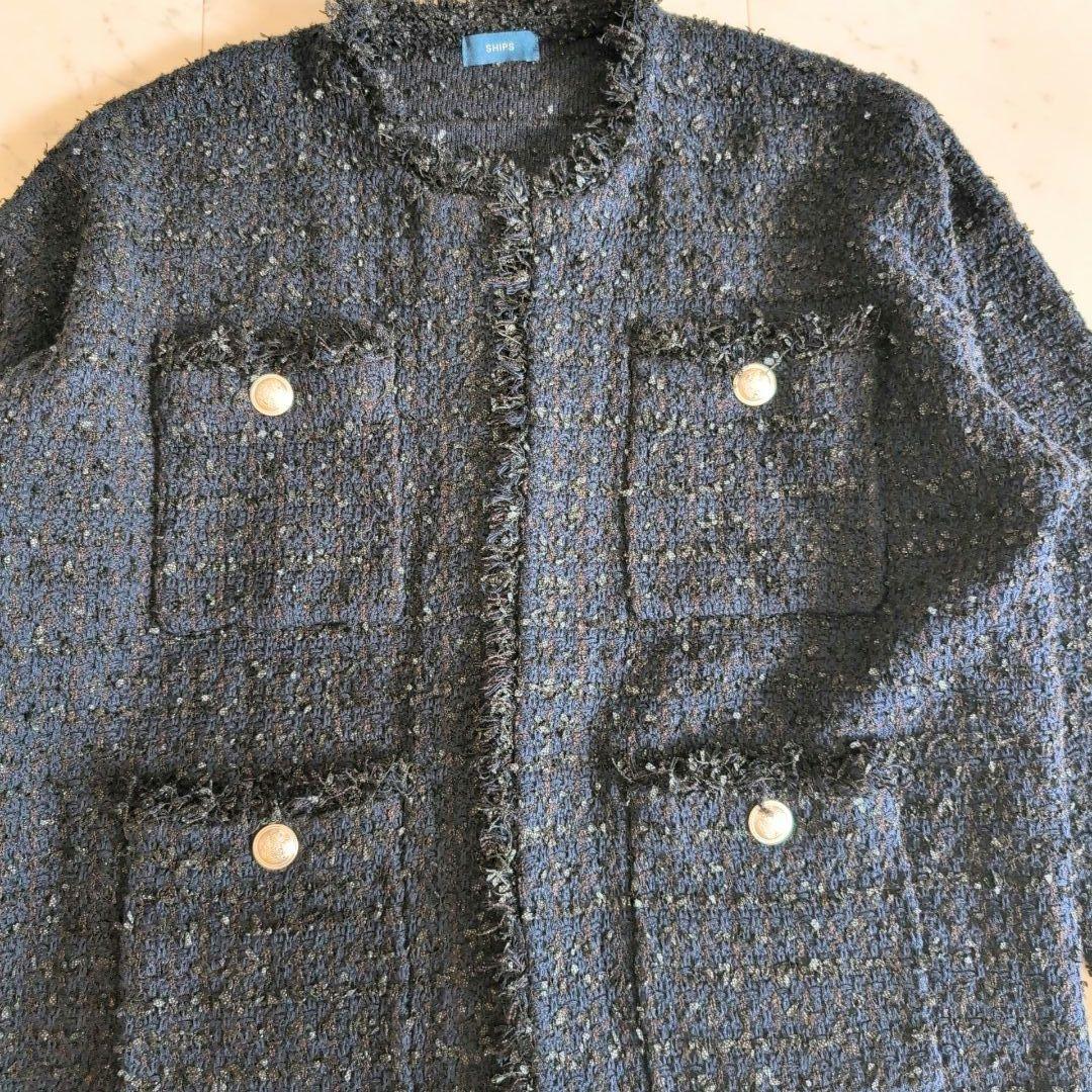 SHIPS〈手洗い可能〉ニット ツイード クルーネック カーディガン　ネイビー