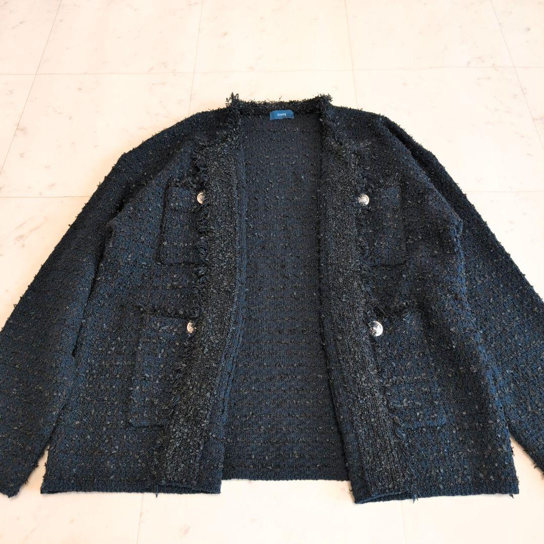 SHIPS〈手洗い可能〉ニット ツイード クルーネック カーディガン　ネイビー
