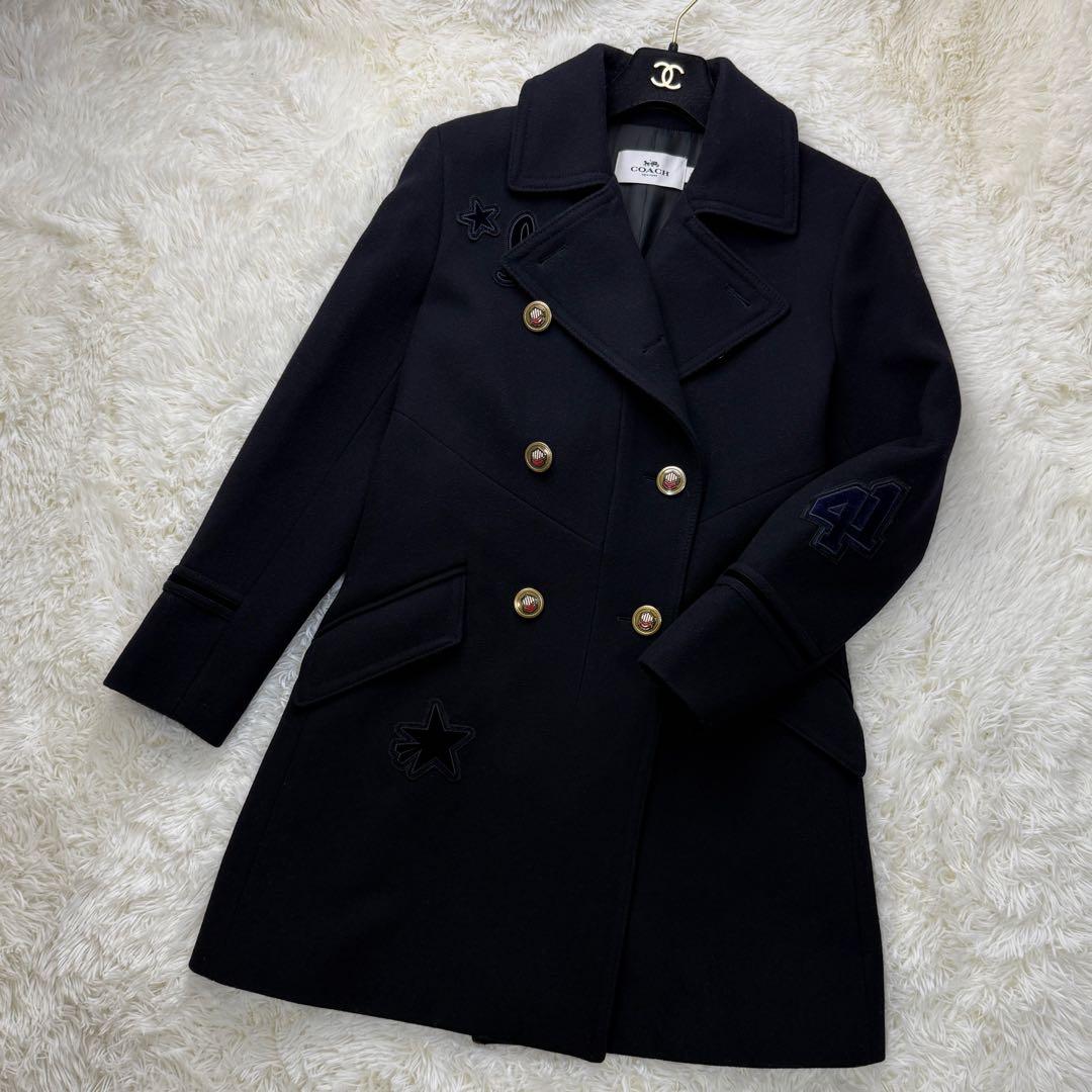 美品♡COACH コーチ ワッペン デザイン 金釦 ボタン ウール コート 黒