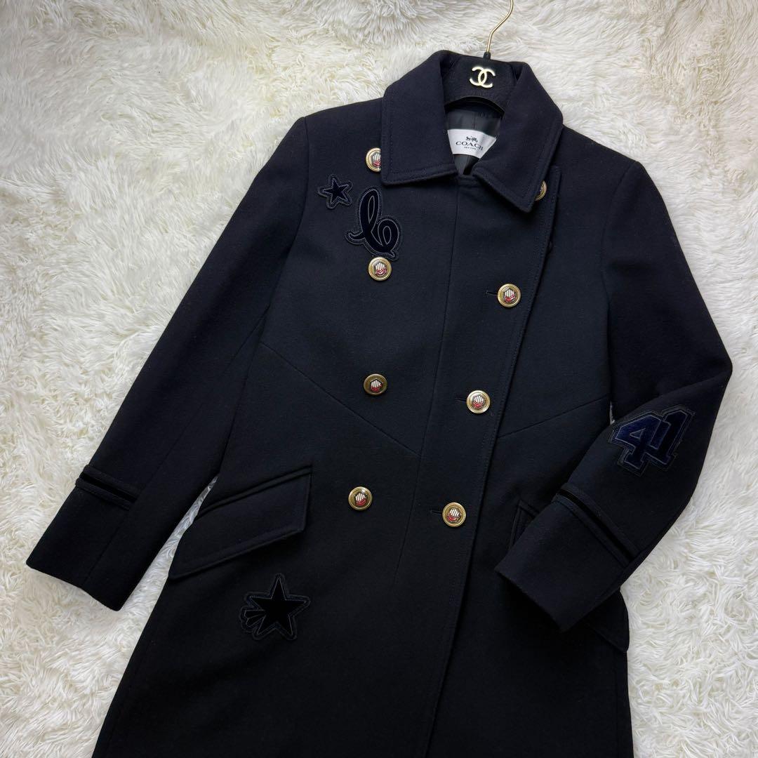 美品♡COACH コーチ ワッペン デザイン 金釦 ボタン ウール コート 黒