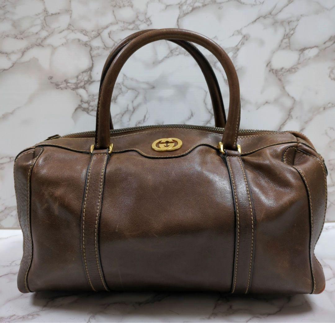 オールドグッチ　リアルレザー　ミニボストンバッグ　インターロッキング　ロゴ金具