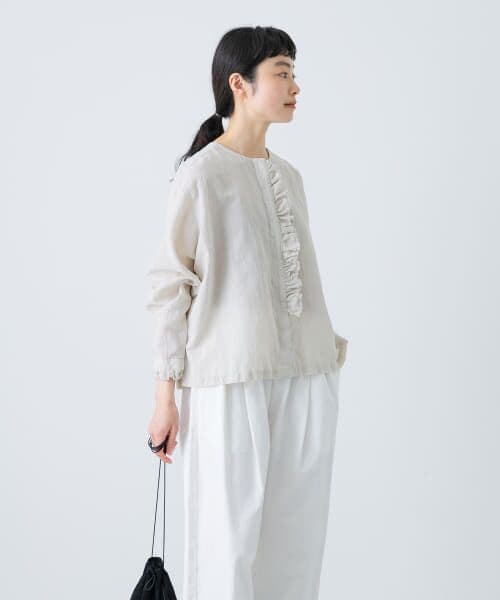 2025年SS かぐれコットンリネンフリルブラウス　チャコール