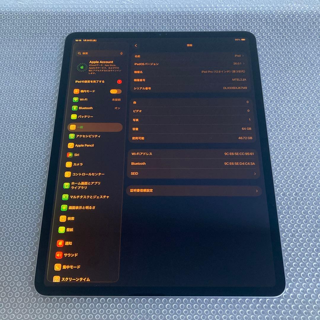 476 外観美品☆電池ほぼ新品☆iPadPro3第3世代64GB12.9インチ☆
