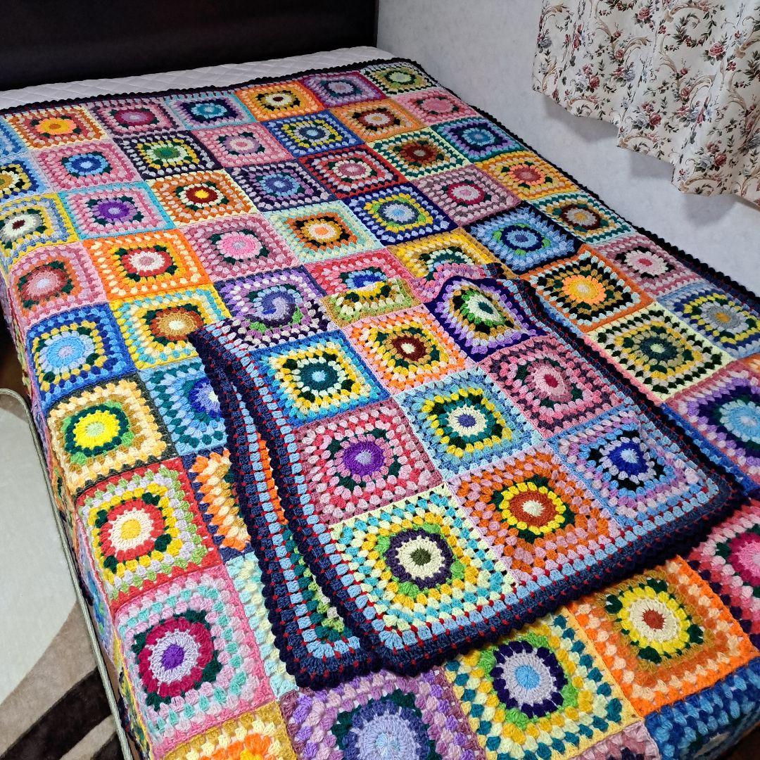 (145)カラフルなグラニースクエアベッドカバー&ストール★セットで