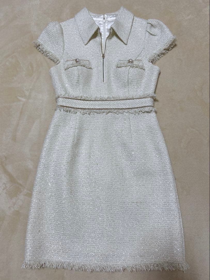 ROBE DE FLEURS ジッパー×襟付きツイードドレス