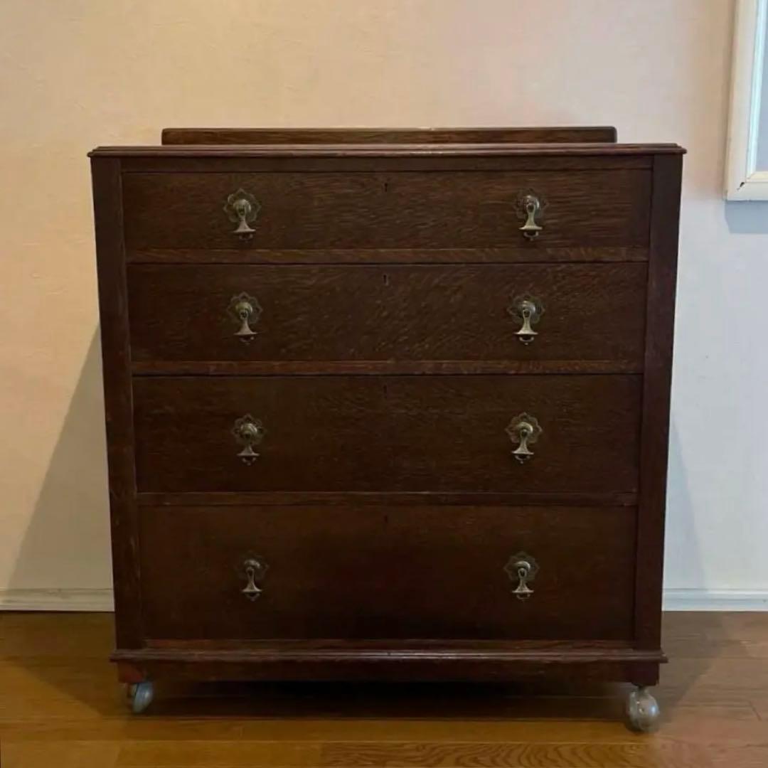 アンティーク オーク材　チェスト キャビネット　真鍮　キャスター