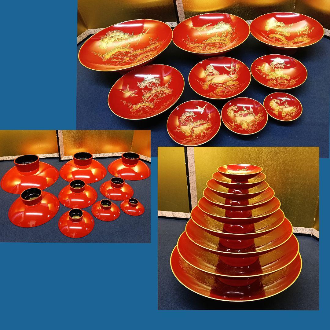 ニックAM94 公隆作 宝東山 九ッ組大盃 朱漆塗 木製 蒔絵 鶴亀 松竹