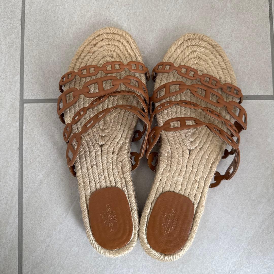 ブラウン ロープ編み フラットサンダル HERMESジュートサンダル　38サイズ