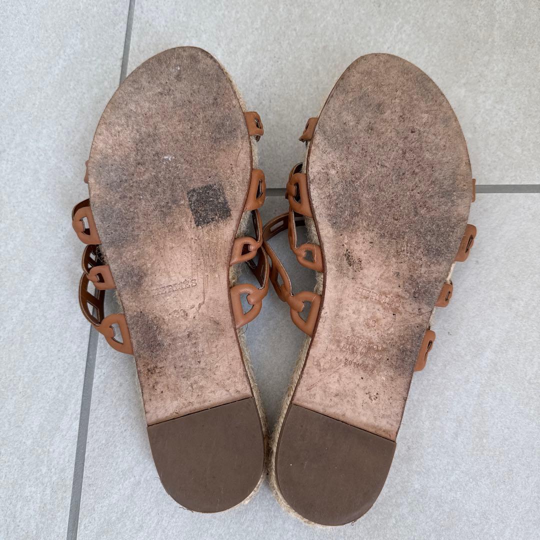 ブラウン ロープ編み フラットサンダル HERMESジュートサンダル　38サイズ