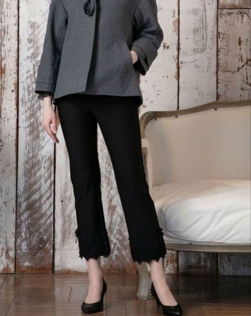 最下値スーパービューティー裾レースリボン裏起毛パンツ 40