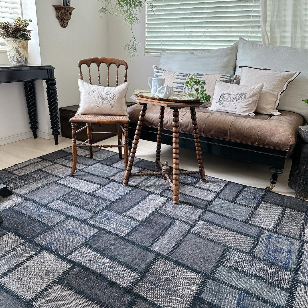 トルコ ヴィンテージラグ A57 超大判 レア グレー ブルー パッチワークラグ