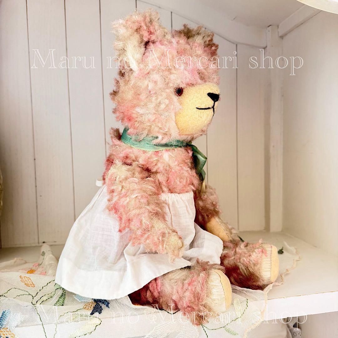 アンティーク　ドイツ　ピンクのベア　グリーンリボン　アンティークベア