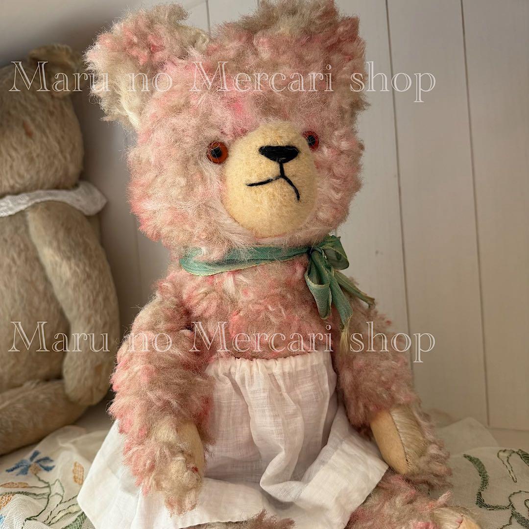 アンティーク　ドイツ　ピンクのベア　グリーンリボン　アンティークベア