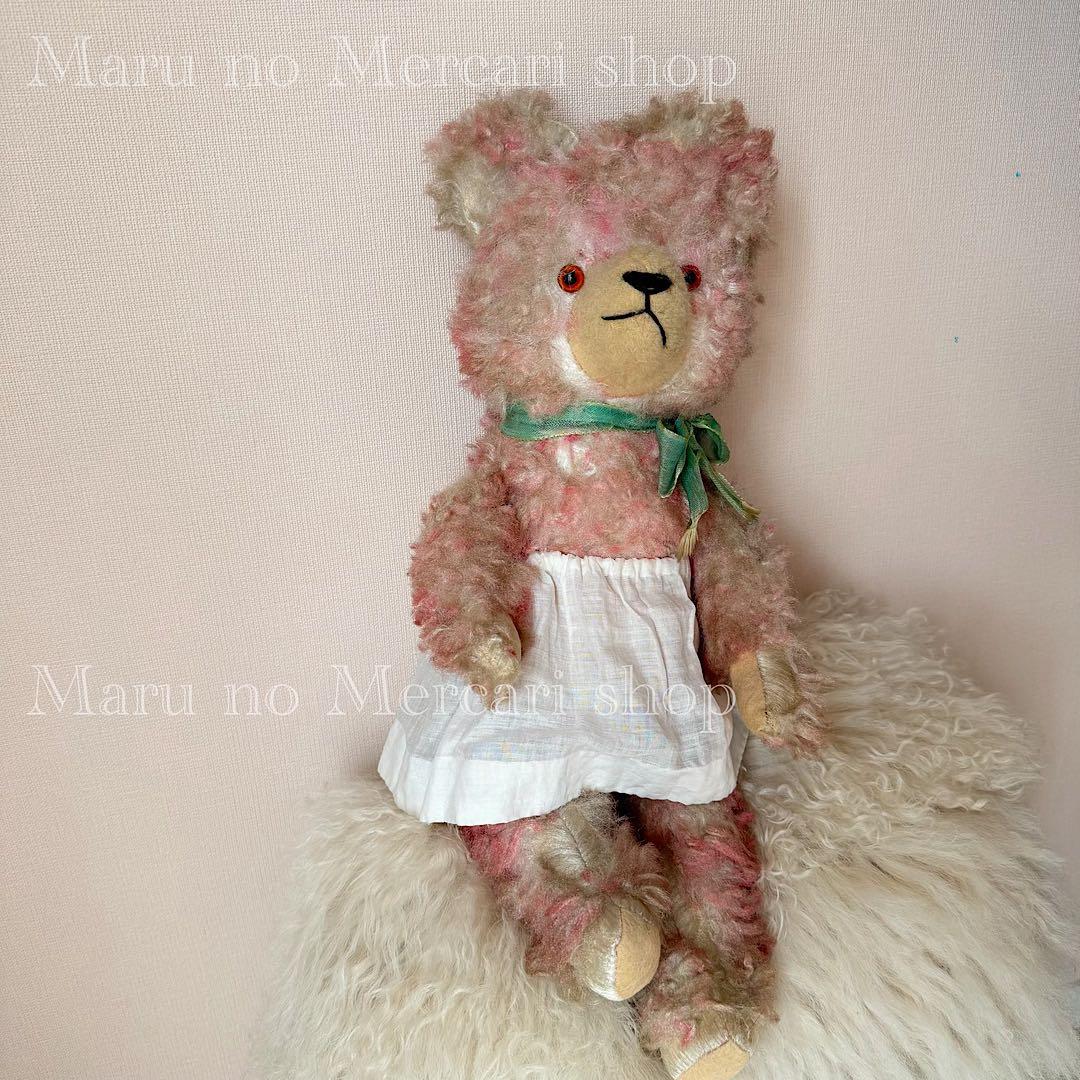 アンティーク　ドイツ　ピンクのベア　グリーンリボン　アンティークベア