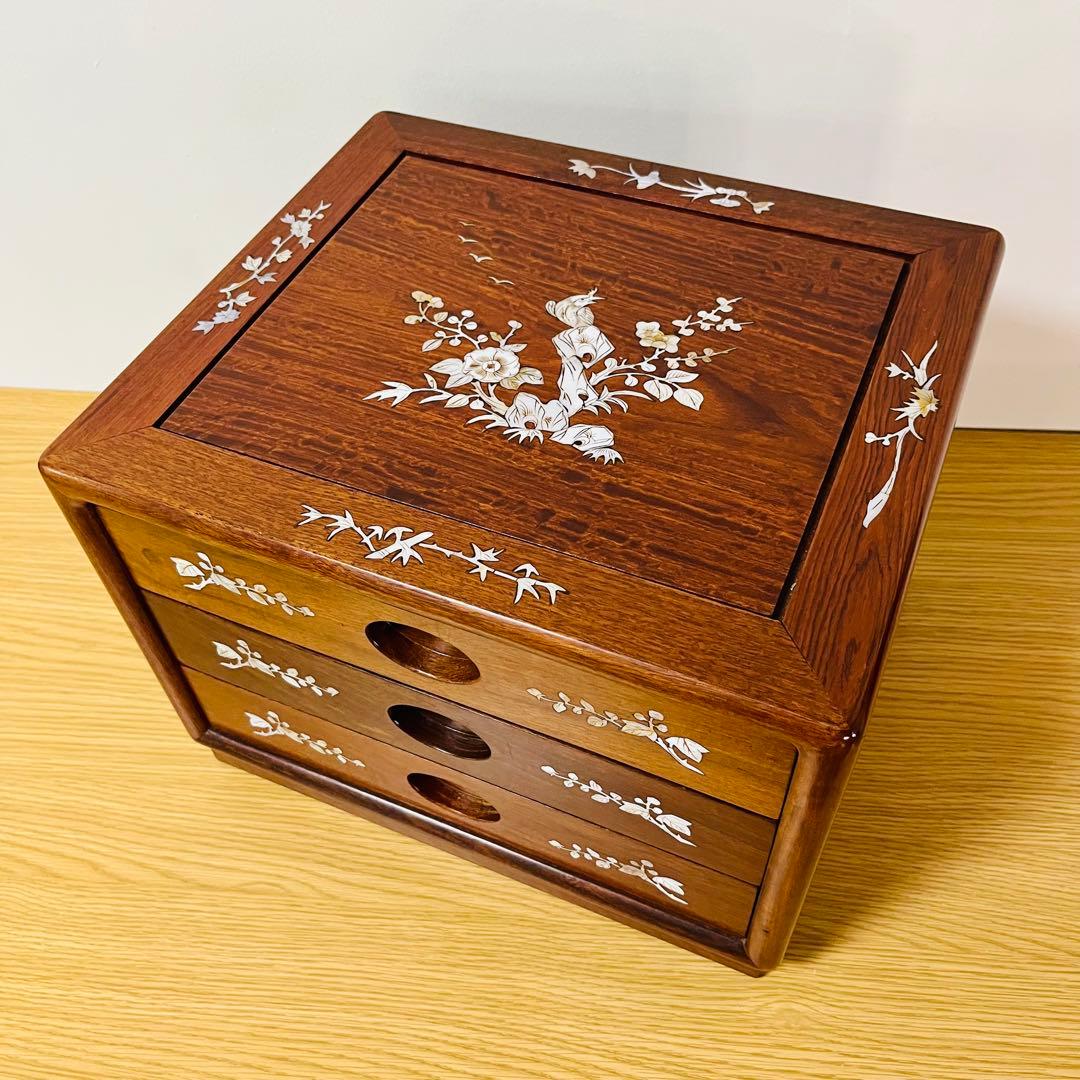 【希少品】天然木 唐木 本花梨 総無垢 螺鈿 卓上チェスト 薬箪笥 3段収納
