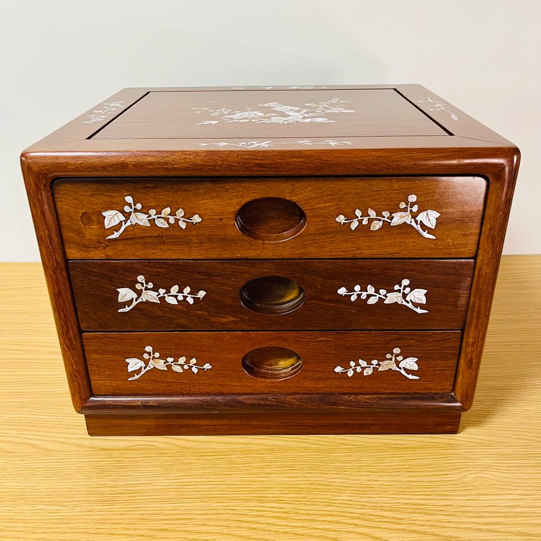【希少品】天然木 唐木 本花梨 総無垢 螺鈿 卓上チェスト 薬箪笥 3段収納