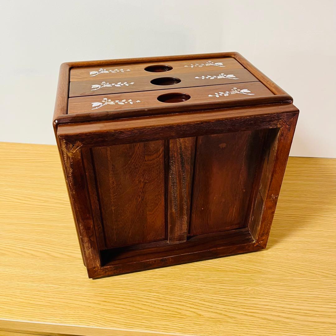 【希少品】天然木 唐木 本花梨 総無垢 螺鈿 卓上チェスト 薬箪笥 3段収納