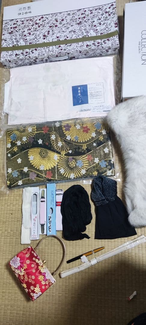 正絹 袋帯:茶金地、よろけに菊桜 長襦袢:薄ピンク地 和装小物 まとめ売り