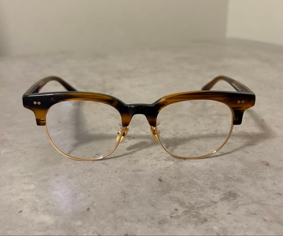 サーモント眼鏡フレーム　ゴールド×ブラウンデミ　伊達メガネ　ボストン　べっ甲柄