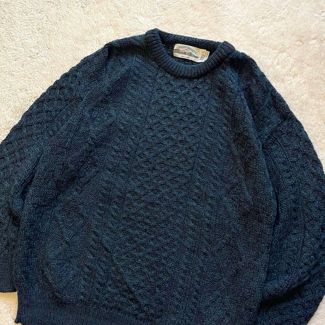 vintage 古着　アイルランド製　肉厚　フィッシャーマン　アランニット　紺色