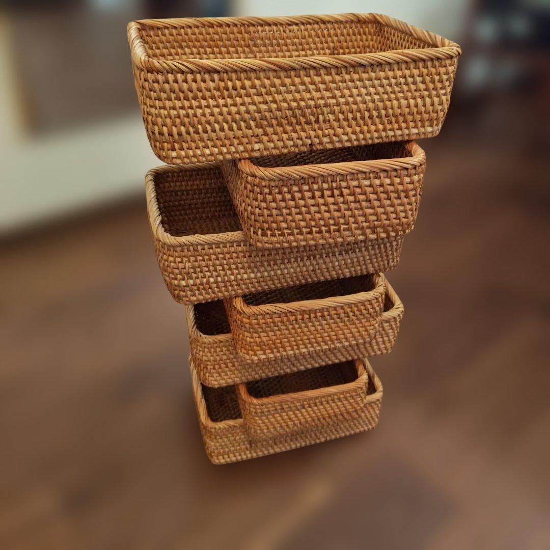 重なるラタン長方形バスケット　大　６個セット