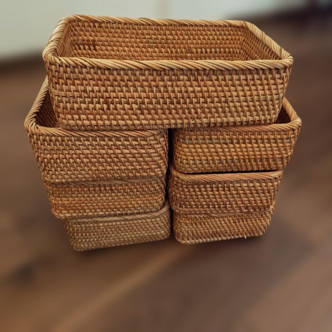 重なるラタン長方形バスケット　大　６個セット