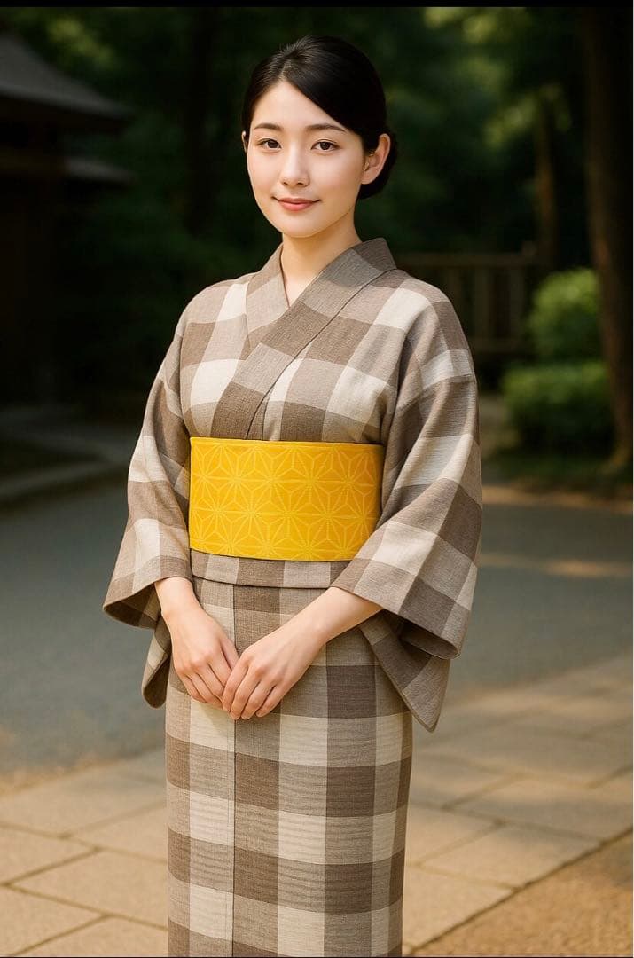 R7・ゆかたと帯　お仕立上り　市松格　子　着物…綿・麻　 帯…プレゼントします