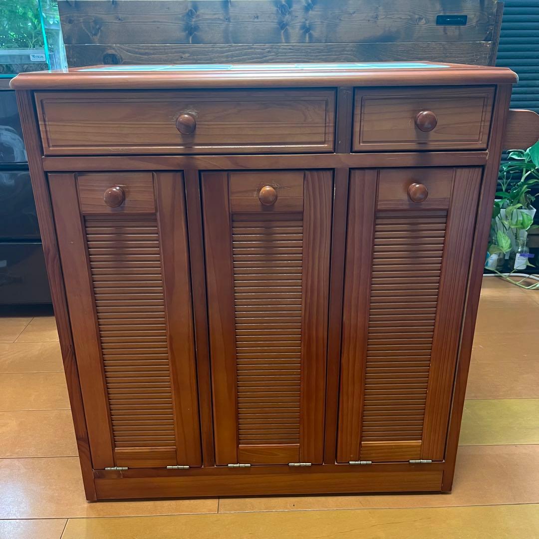 天然木 タイル天板 キッチンカウンター 3分別ダストボックス キャスター付き