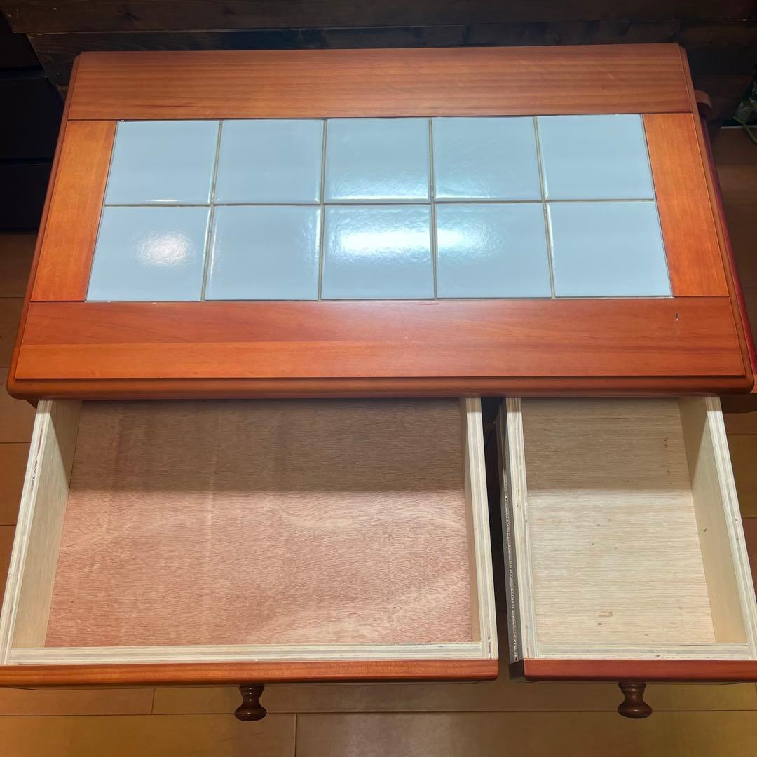 天然木 タイル天板 キッチンカウンター 3分別ダストボックス キャスター付き