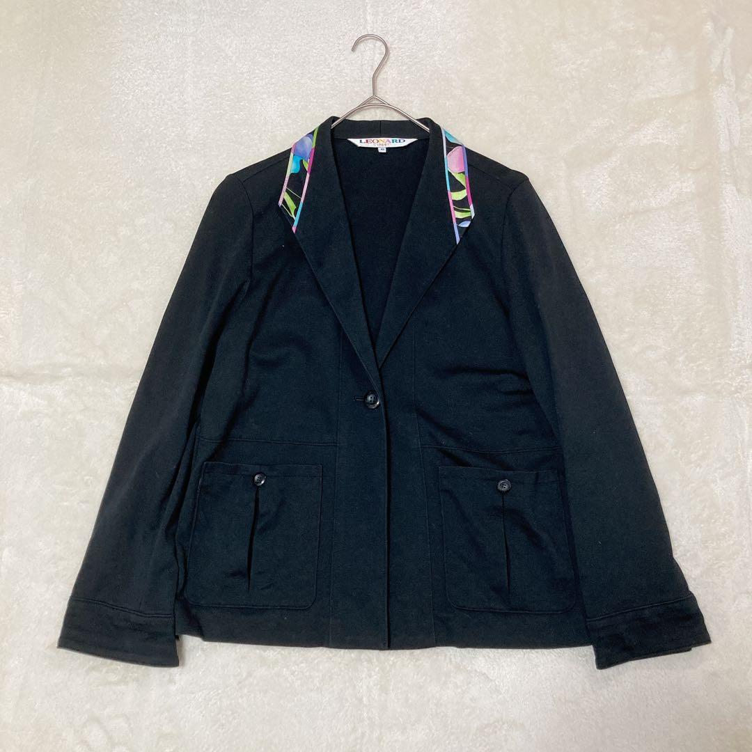LEONARD レオナール ジャージー ジャケット 花柄 切替 伸縮性 42 黒