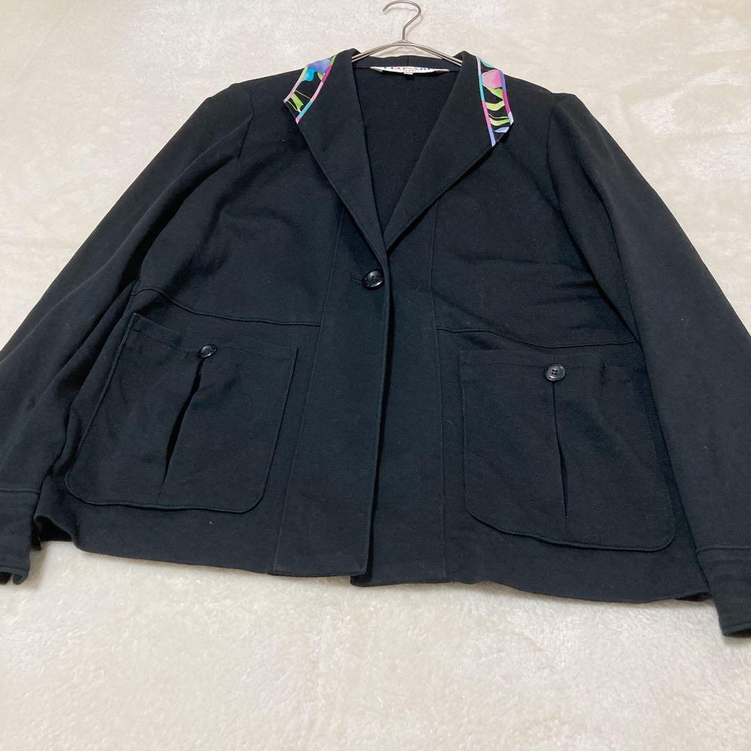 LEONARD レオナール ジャージー ジャケット 花柄 切替 伸縮性 42 黒