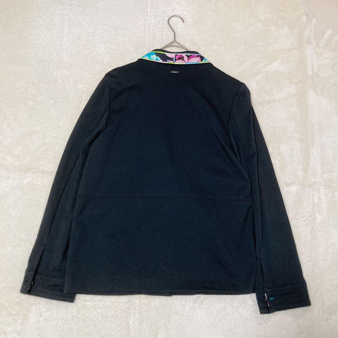 LEONARD レオナール ジャージー ジャケット 花柄 切替 伸縮性 42 黒