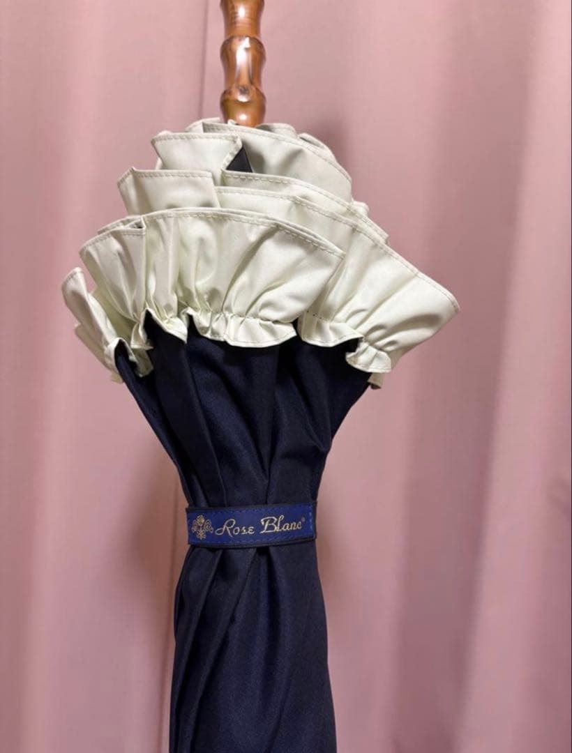 Rose Blanc 日傘ミドル55cm シングルフリル ネイビー×アイボリー