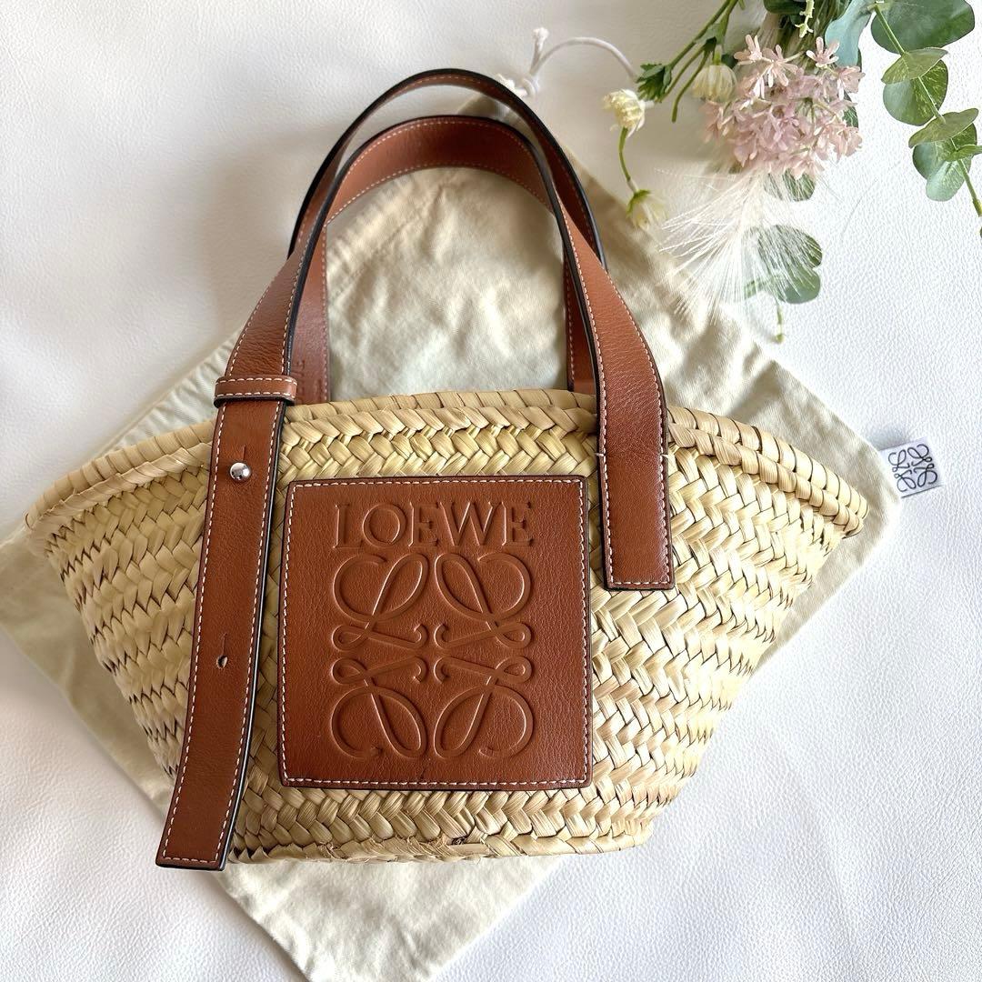 極美品 ロエベ LOEWE バスケットバッグ スモール カゴ アナグラム 茶