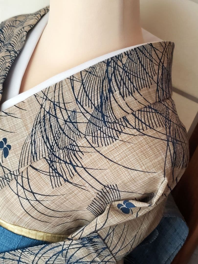 【麗しのふだんキモノ＊】奥州小紋風の浴衣　ベージュ×青　スモールサイズ　綿