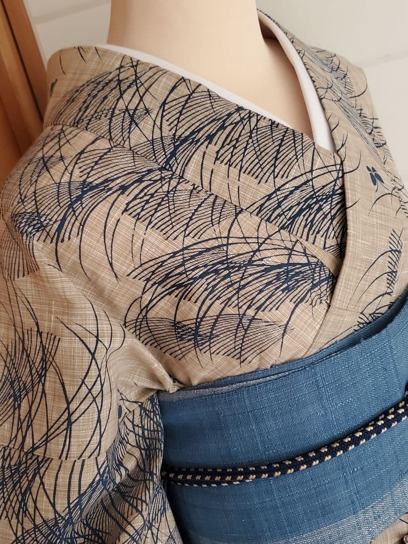 【麗しのふだんキモノ＊】奥州小紋風の浴衣　ベージュ×青　スモールサイズ　綿