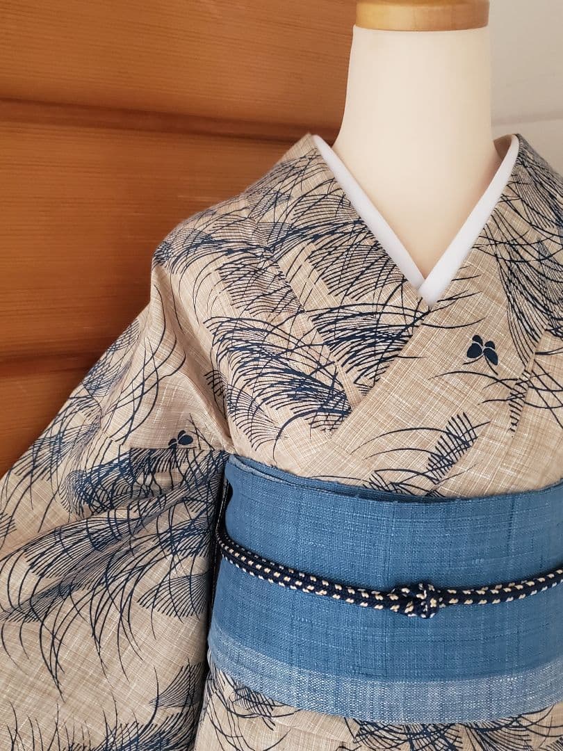 【麗しのふだんキモノ＊】奥州小紋風の浴衣　ベージュ×青　スモールサイズ　綿