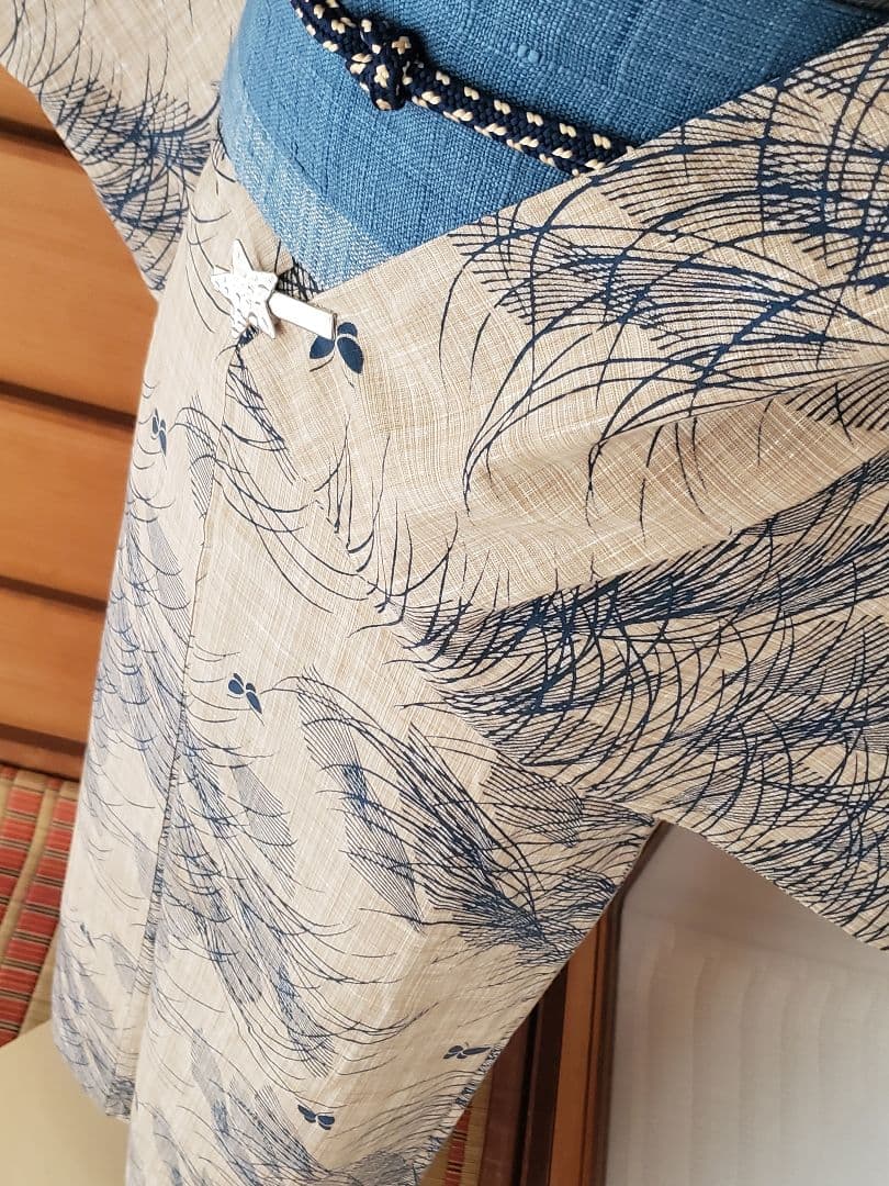 【麗しのふだんキモノ＊】奥州小紋風の浴衣　ベージュ×青　スモールサイズ　綿