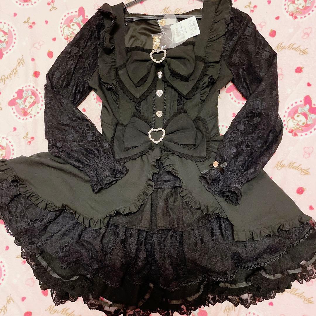 新品タグ付♡リズリサ♡ フロントカシュクールBIGリボンセットアップ♡ブラック♡