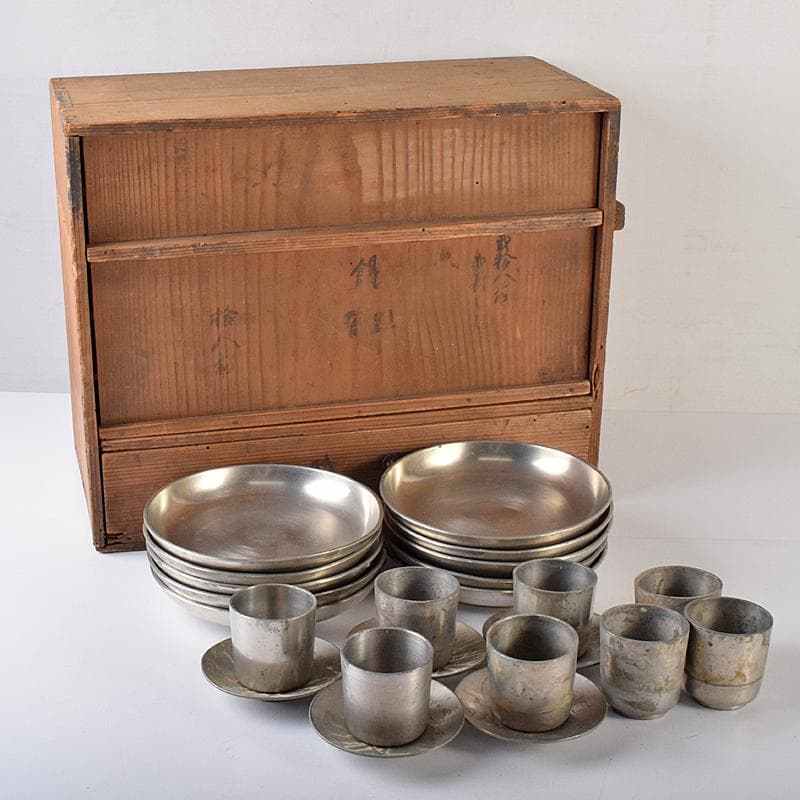 錫　 極上京錫六請合　坂口款　皿十客　義春銘　茶托五客　湯呑八客　YR7921B