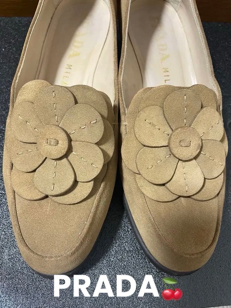 美品‼️PRADA パンプス ローヒール フラワーモチーフ スエード 靴 シューズ
