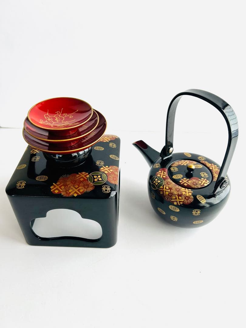 会津塗 黒塗 絵島型 四ツ揃 お屠蘇器 漆器セット 木箱入 金彩 鶴文様 松竹梅