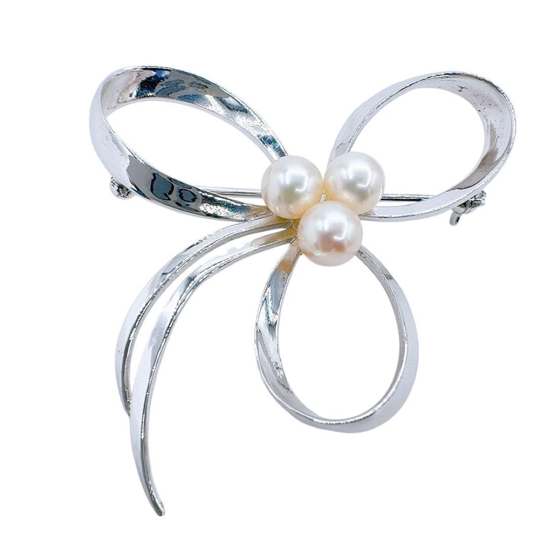 【美品】ミキモト ブローチ アコヤ パール 真珠 シルバー リボン フォーマル