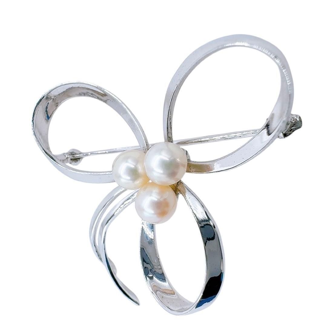 【美品】ミキモト ブローチ アコヤ パール 真珠 シルバー リボン フォーマル