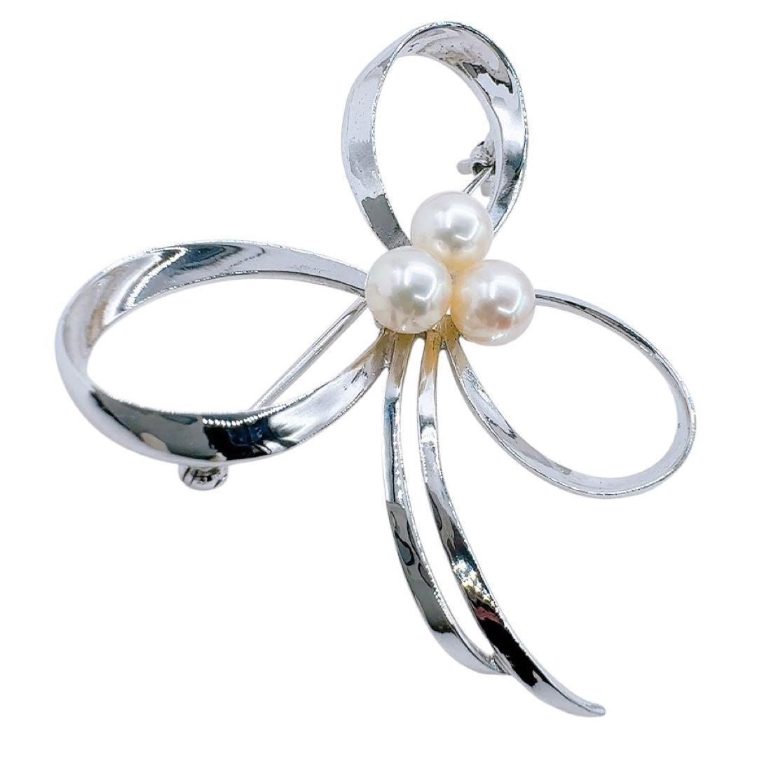 【美品】ミキモト ブローチ アコヤ パール 真珠 シルバー リボン フォーマル
