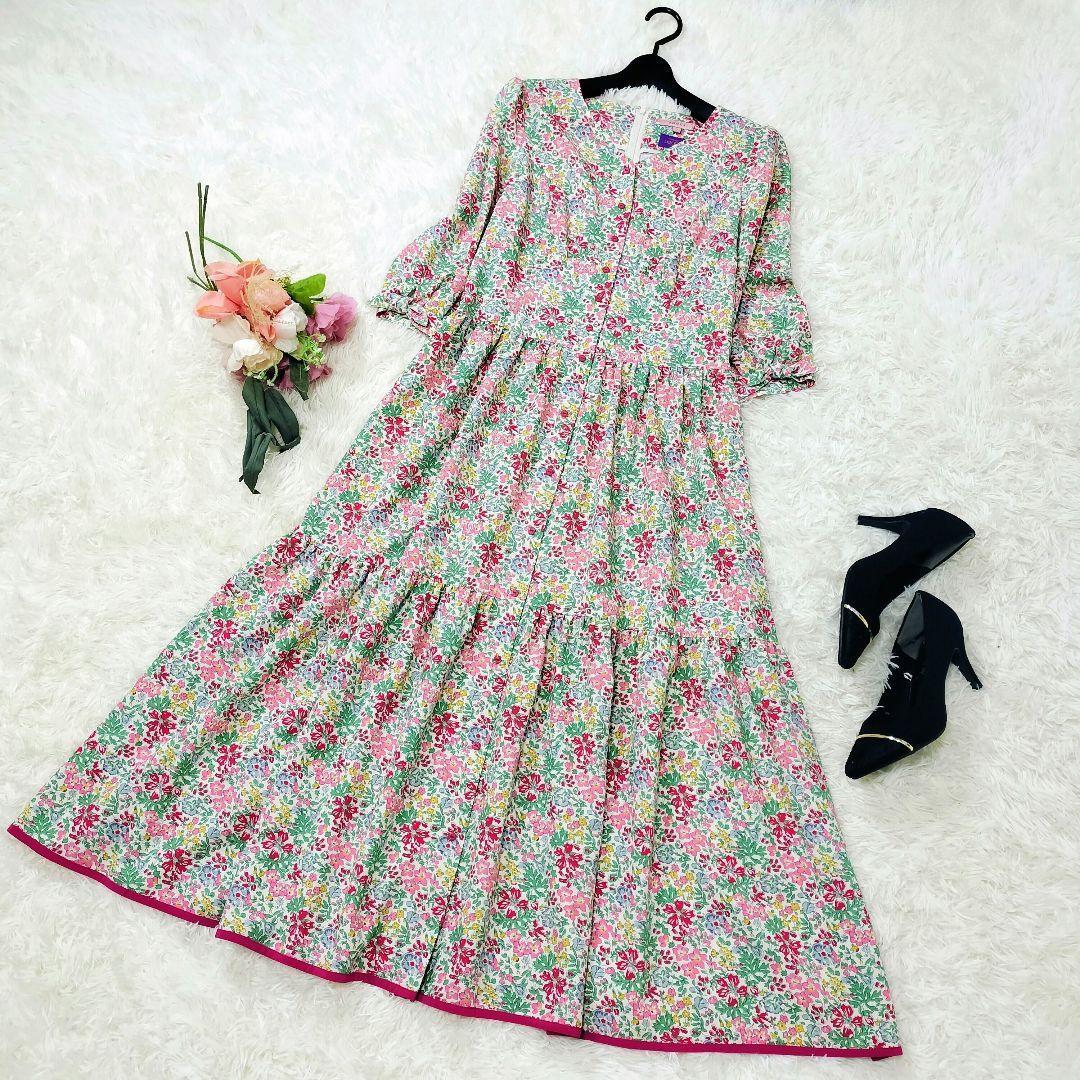 美品♡TOCCA♡リバティ♡花柄♡リボン袖♡ティアードロングワンピース