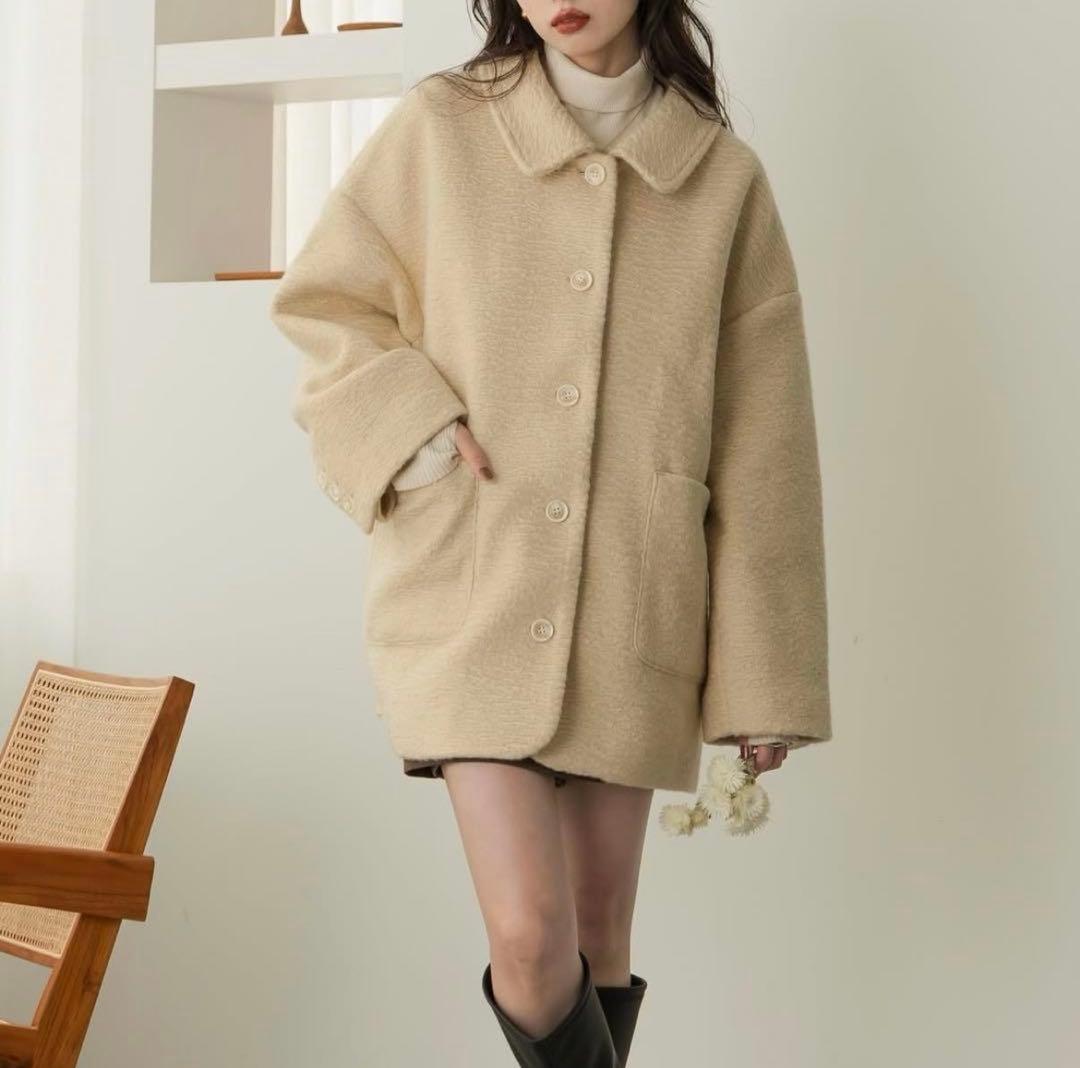 【新品未使用タグ付き】hinari ステンカラーシャギーミドルコート　アイボリー